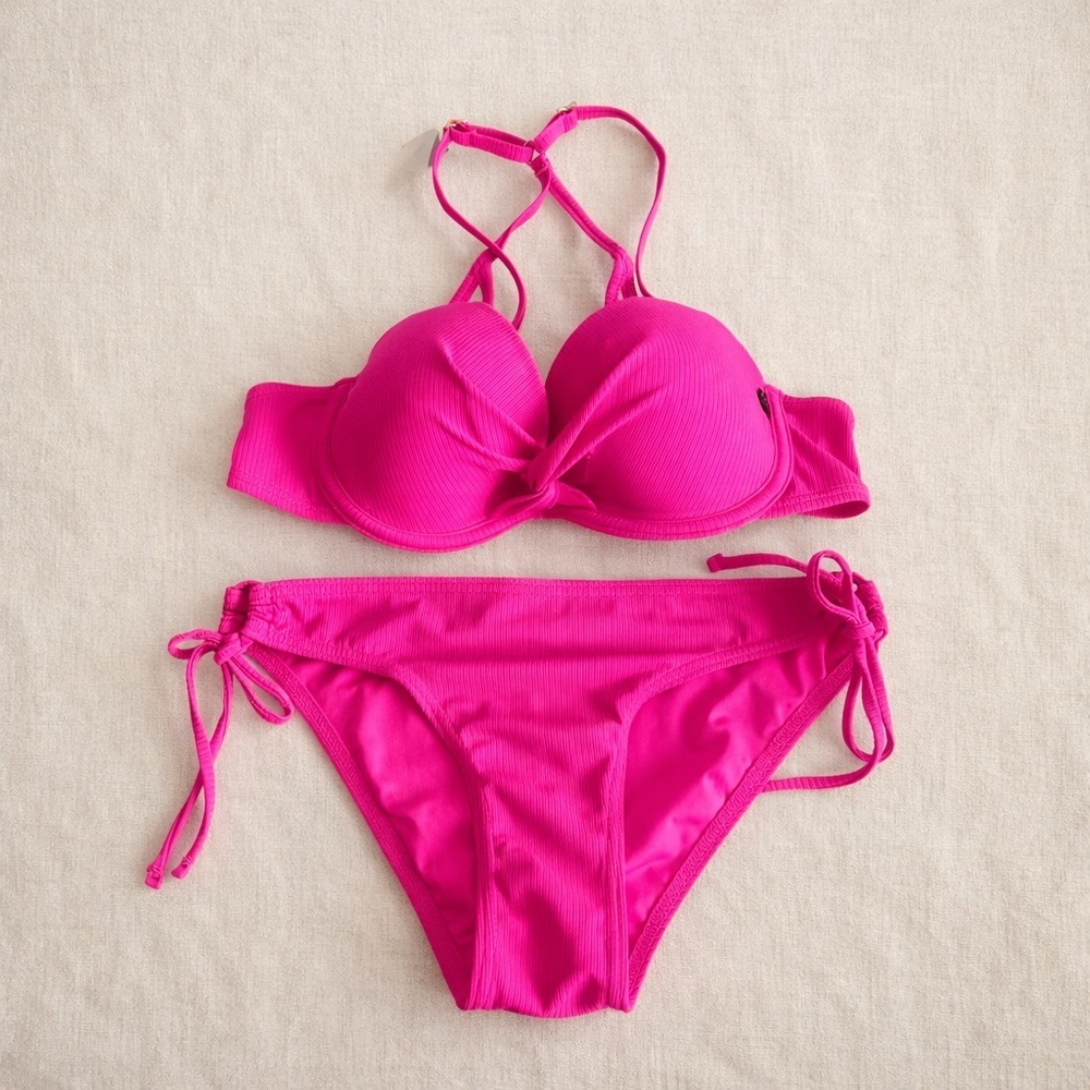 LA VIE EN ROSE AQUA Hot Pink Ribbed Bikini Adjust Bottom XS Push Up Top Small